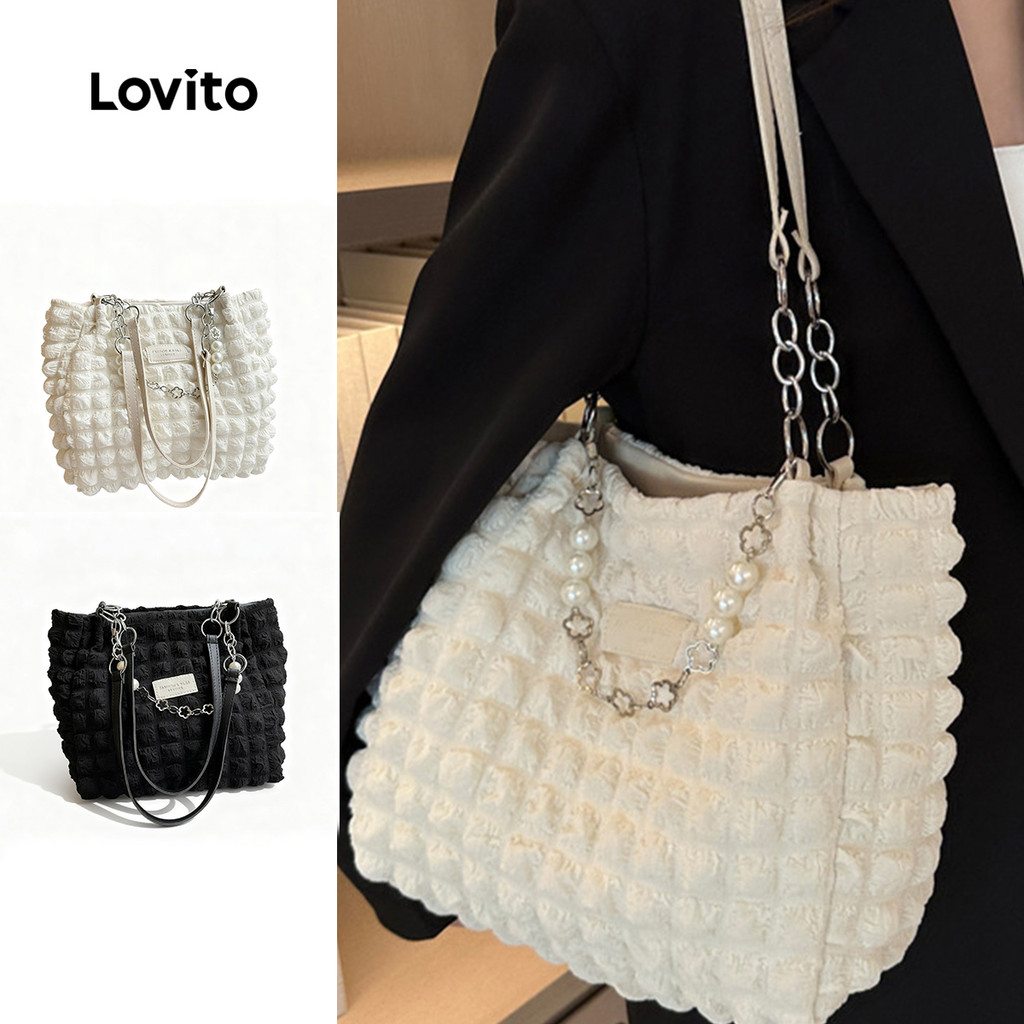 Lovito Bolsa De Ombro Casual Bolsa De Ombro Básica Lisa Para Mulheres LFA04001 (Branco/Preto)