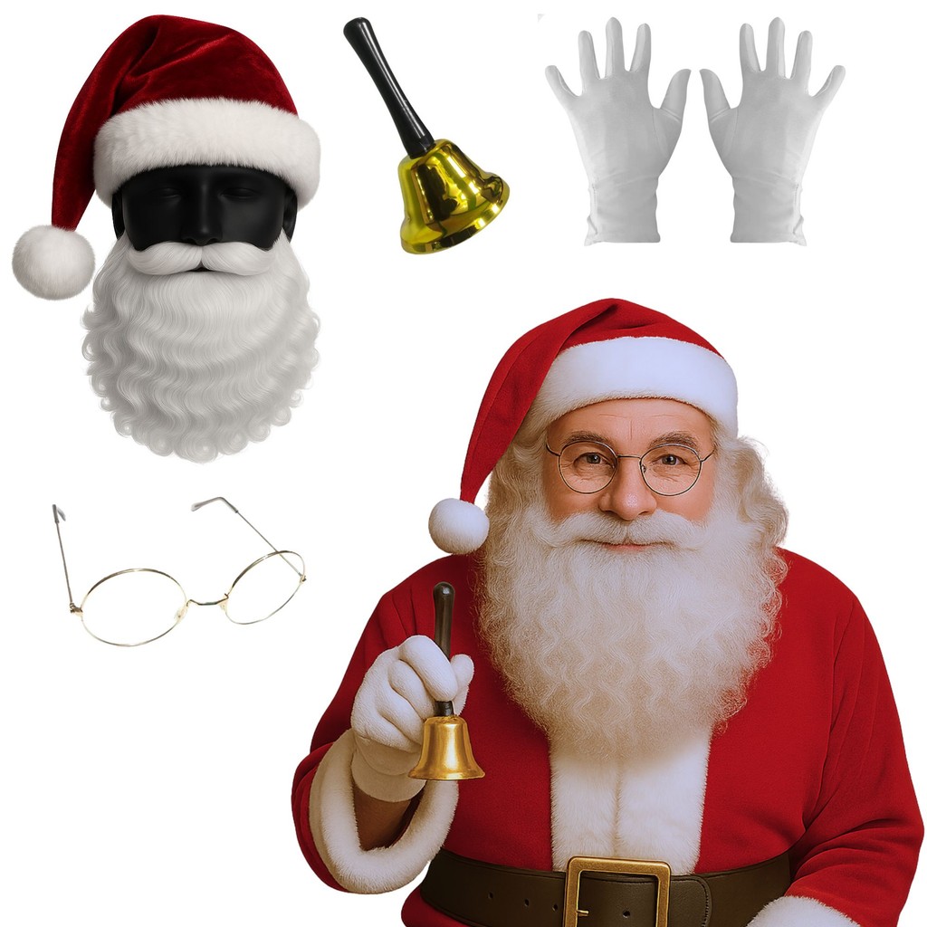Kit Fantasia Completa Acessórios Papai Noel Barba Falsa Longa Óculos Sino Luva Branca Gorro Veludo