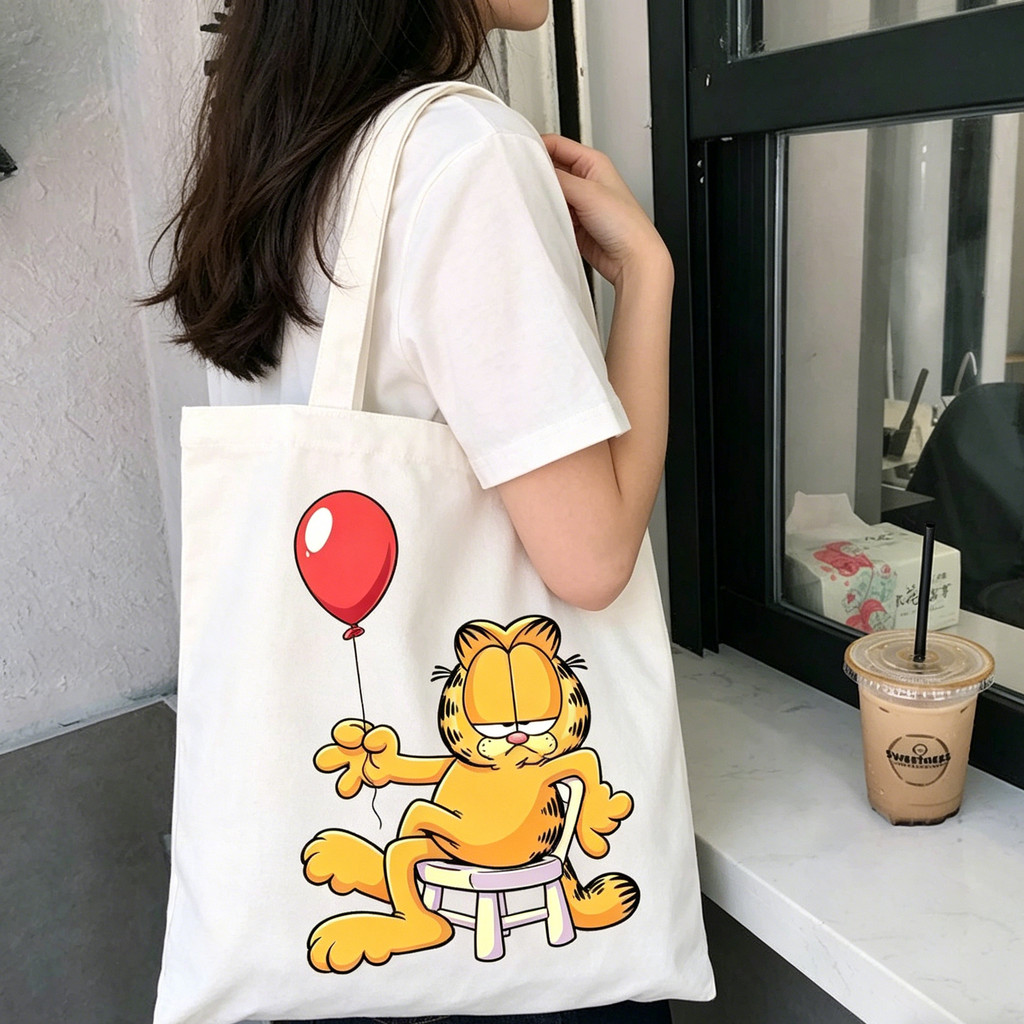 Bolsa de Lona Branca com Estampa do Garfield e Balão Vermelho - Grande Capacidade, Bolsa de Ombro Casual para Escola, Tr