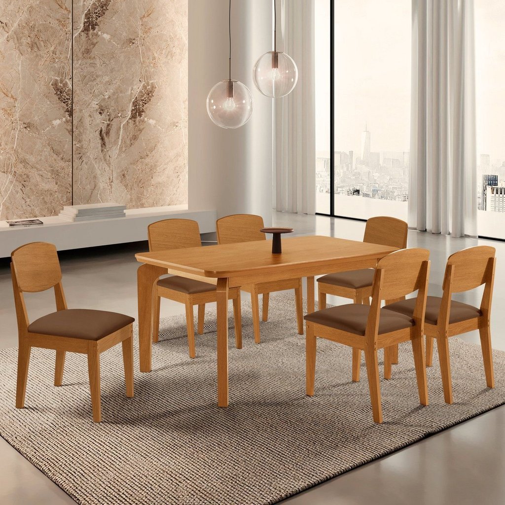Conjunto Sala de Jantar Mesa Dublin Tampo em MDF e 6 Cadeiras Cleo Yescasa Marrom/Marromle Marrom/Naturalle