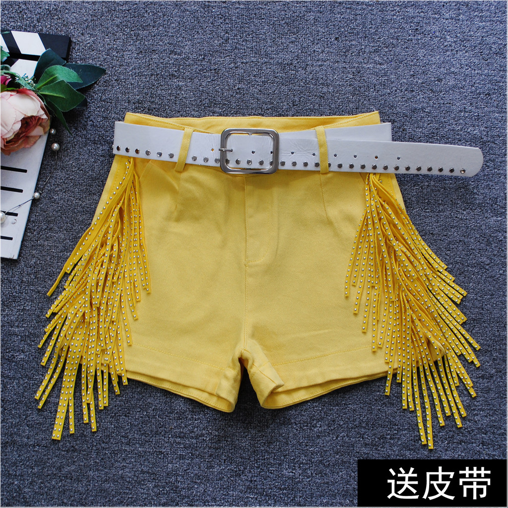 Verão novo estilo de cintura alta doce cor Denim Shorts senhoras lado borla lantejoulas doce dança amarelo rosa calças q