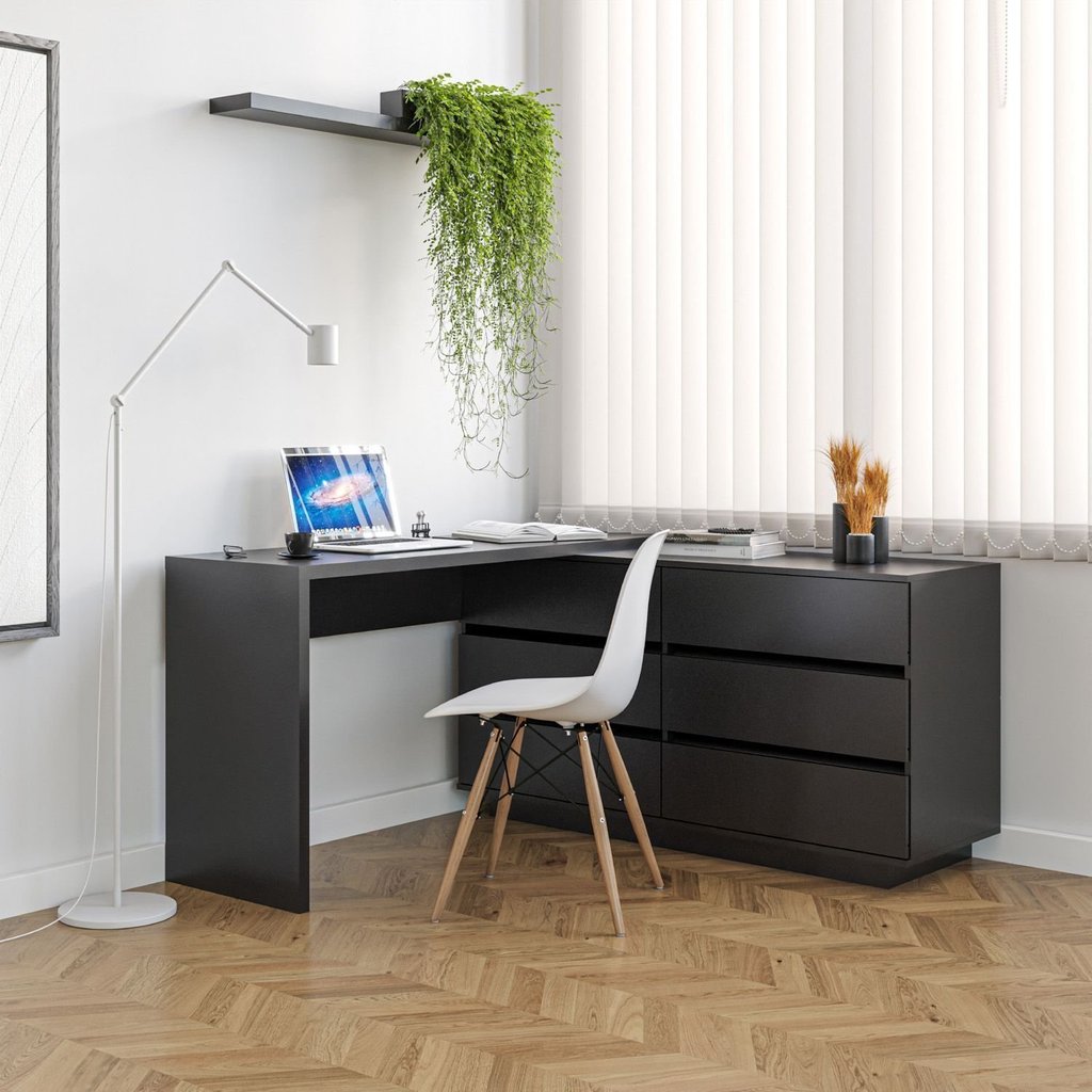Escrivaninha em L ou Reta Oring 6 Gavetas 230cm CabeCasa MadeiraOriginals Preto Preto