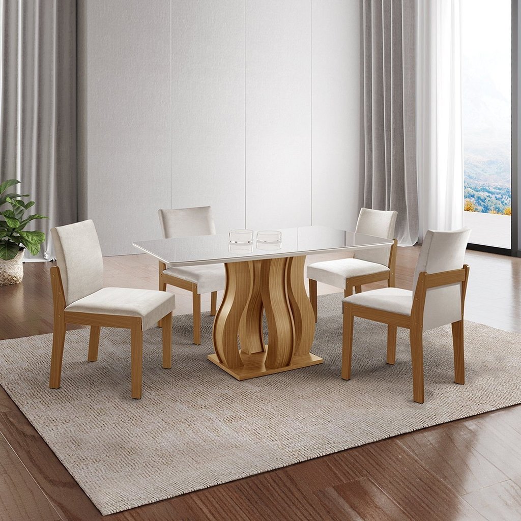 Mesa de Jantar Nuance 135x90cm 4 Cadeiras Modernas Mônaco Yescasa Marrom/Castanho Cinamomo/Creme/Off White