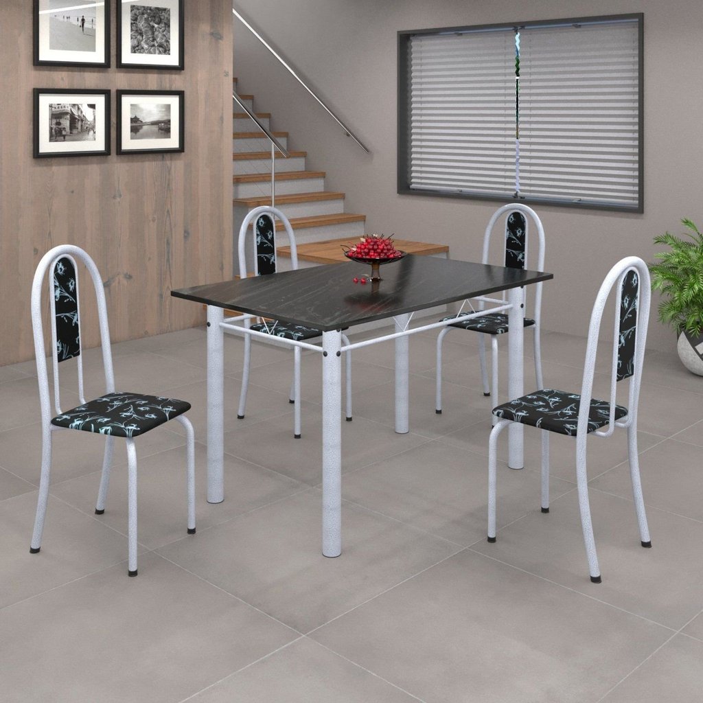 Conjunto de Mesa 120x75cm Tampo em Ardósia com 4 Cadeiras Iris a Branco/Preto Floral/Martelado Pérola/Indiano Preto