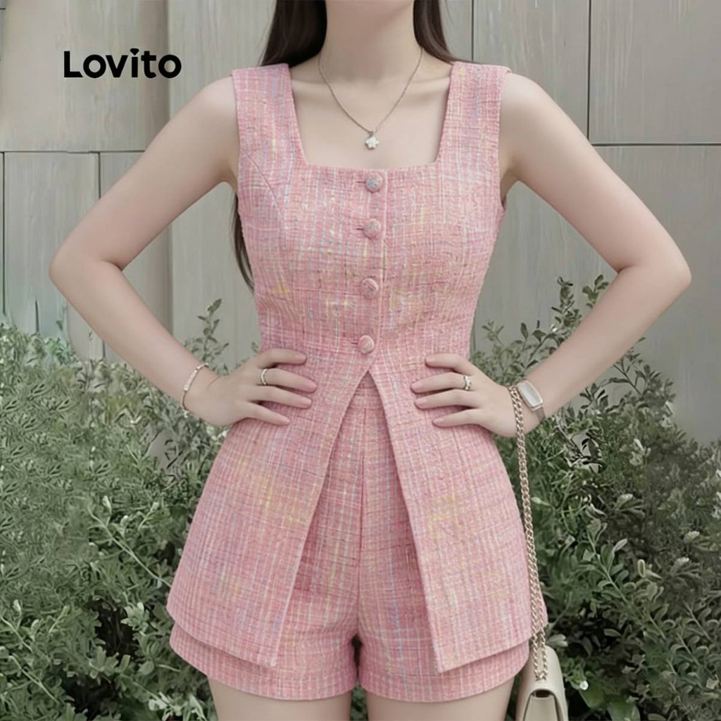 Lovito Xadrez Conjuntos Casuais de Shorts Primavera/verão Shorts Rosa Conjuntos para Mulheres LK5ED204 · foto 2