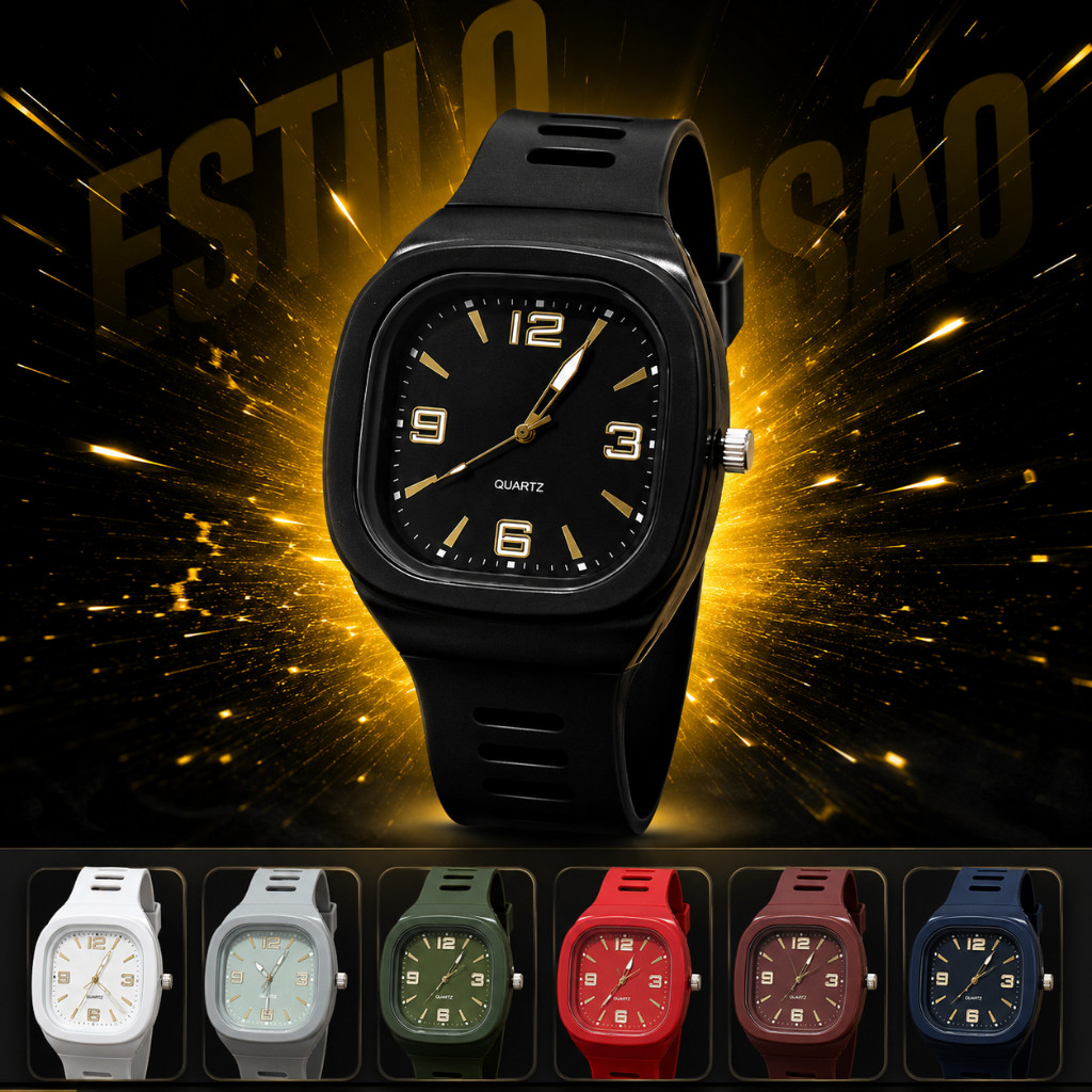 Relógio Masculino Casual Preto Quartz Pulseira Silicone Confortável