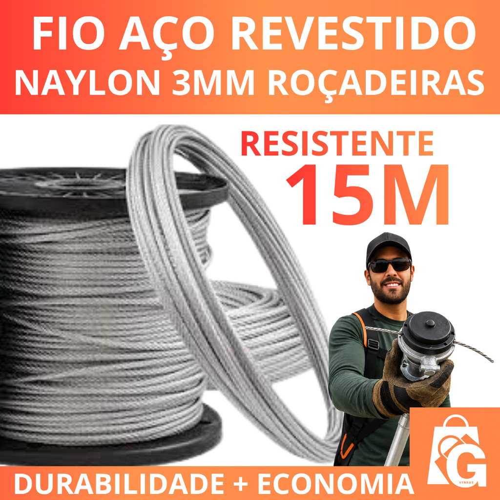 FIO DE AÇO REVESTIDO COM NAYLON 3MM - DISPONÍVEL : 1M , 5M , 10M, 15M -  PARA ROÇADEIRA STIHL E OUTRAS MARCAS