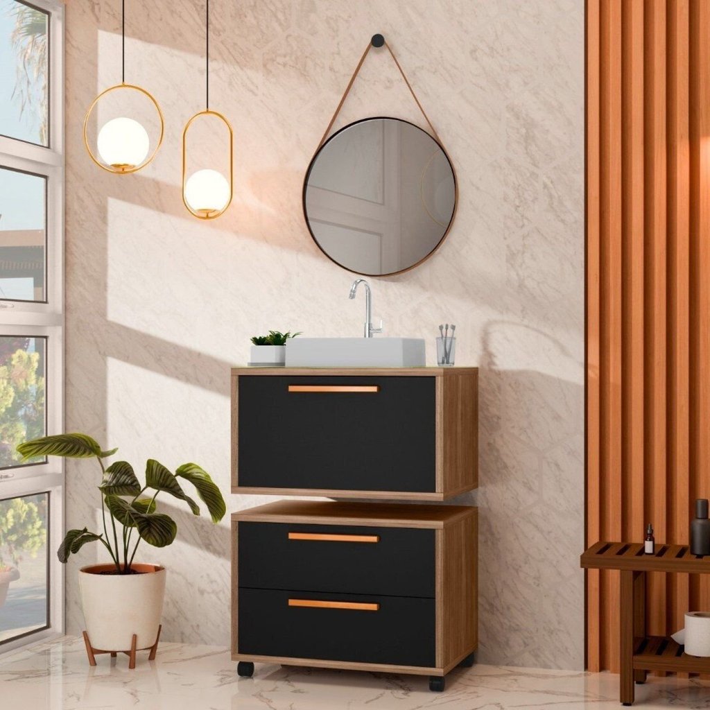 Conjunto Gabinete para Banheiro com Rodizio, tampo de vidro, Cuba de sobrepor e Espelho Kyoto 60 cm Avelato/Preto