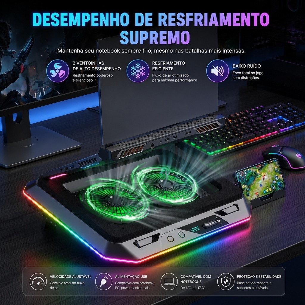 Base Cooler para Notebook Gamer LED RGB 2 Ventoinhas Tela LCD USB Tipo C DELTA-B3126GG — imagem 2 de 2