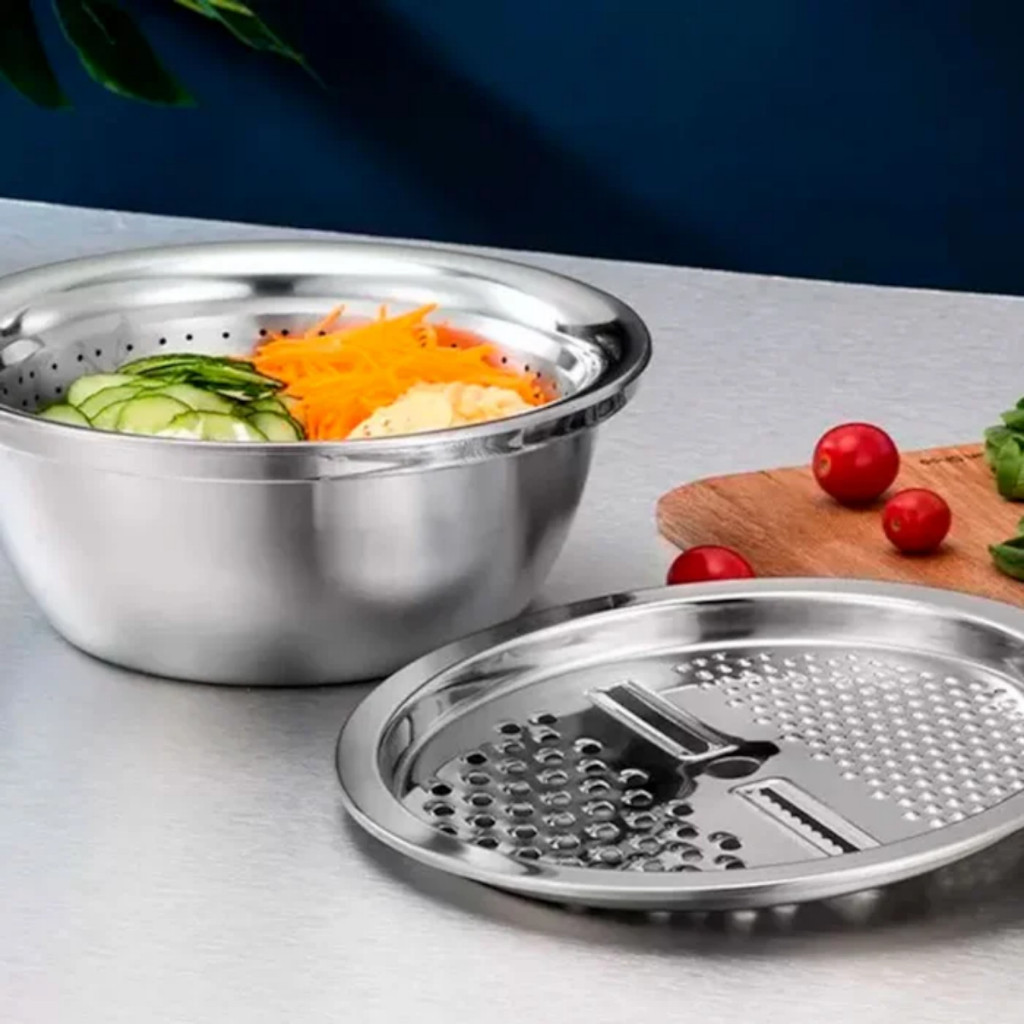 Tigela 4 Em 1 Ralador Fatiadora  Inox Bacia Legumes Queijo Manual 26cm Tampa com Ralador