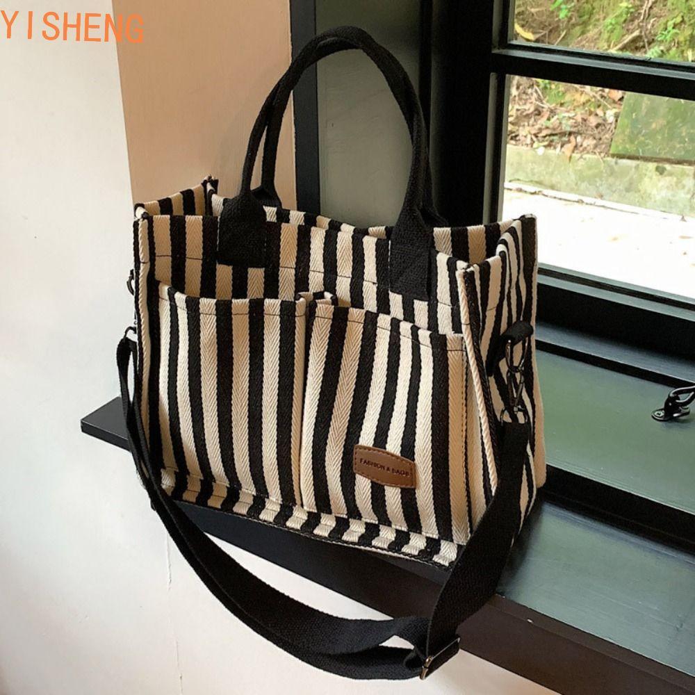 Bolsa Tote De Lona Listrada YISHENG , De Ombro Simples De Grande Capacidade Pano Estilo Coreano Da Moda