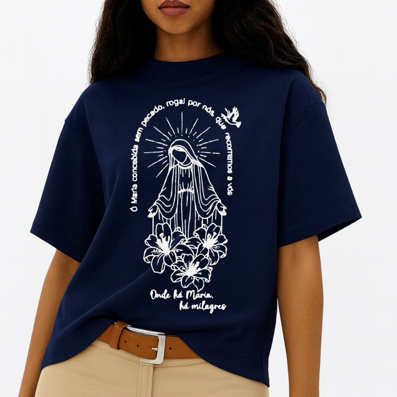 Camiseta Feminina Nossa Senhora das Graças Casual Blusa Algodão Leve e Macio Camiseta Confortável T-shirt Respirável