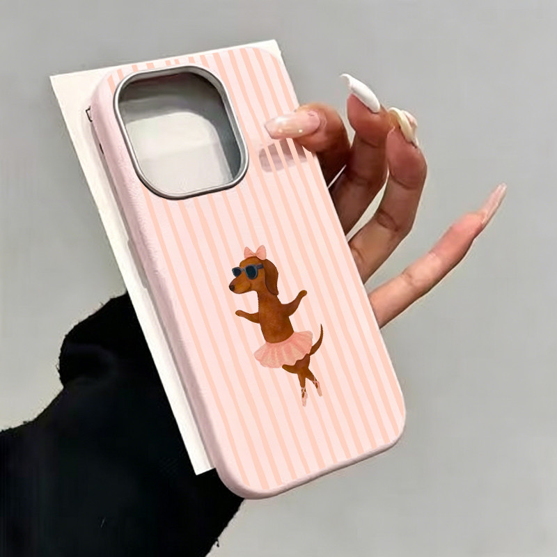 Capinha para iPhone 11/12/13/14/15/16/17 Pro Max  Capa protetora de couro listrada para celular com estampa de dachshund