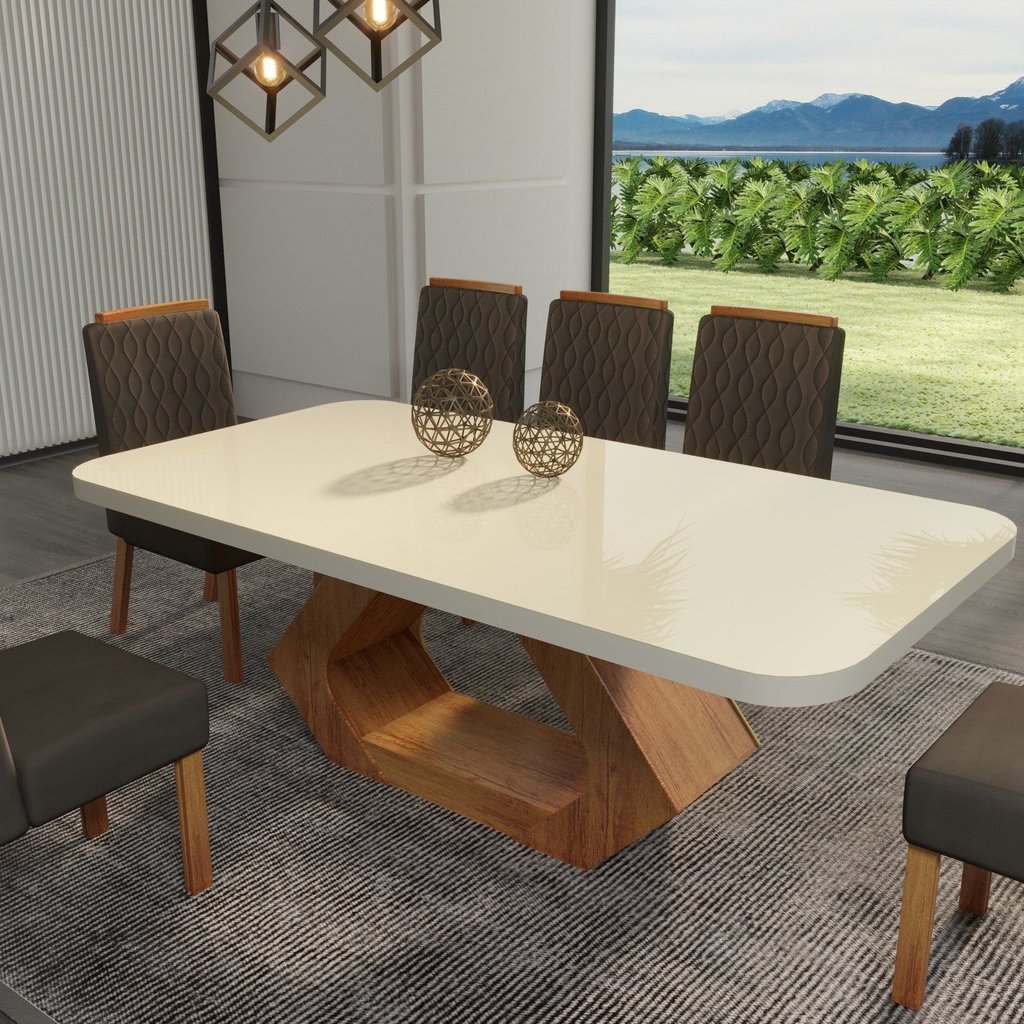 Conjunto Sala de Jantar com Tampo MDF/Vidro 180CMX90CM Mesa Lotus com 6 Cadeiras Viena Luxo Off White/Marromle/Marrom 90