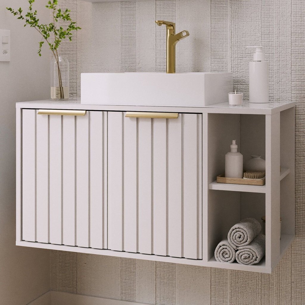 Gabinete para Banheiro 80cm com 2 Portas 2 Nichos e Cuba de Sobrepor Noruega Branco Branco