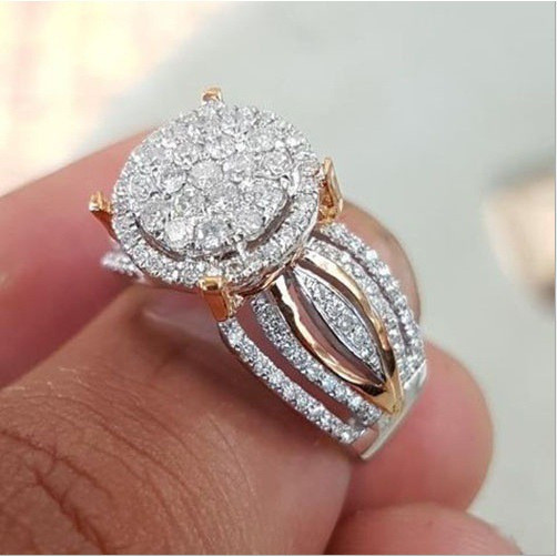 Anel feminino com microconjunto de diamantes, banhado a ouro rosa 14K, anel bicolor, anel de noivado, anel bancário IP2D