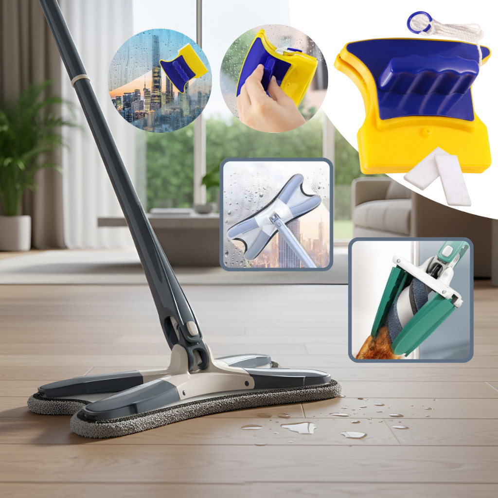 MOP Limpeza Esfregão Giratório Piso Teto + Limpador de Vidros Janelas – Kit Essencial pare Faxina