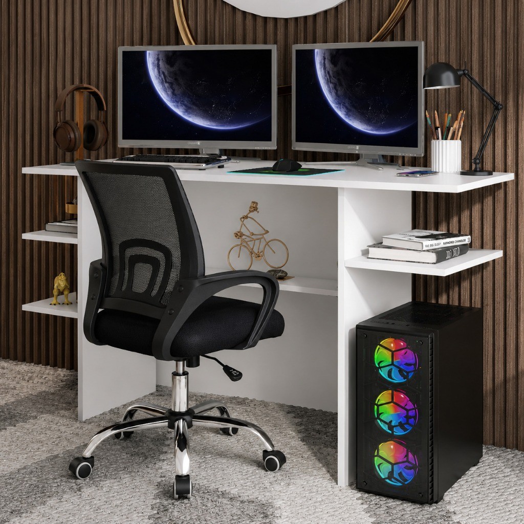 Kit Mesa Gamer Escrivaninha Com Prateleiras + Cadeira Ergonômica Giratória Tela Mesh
