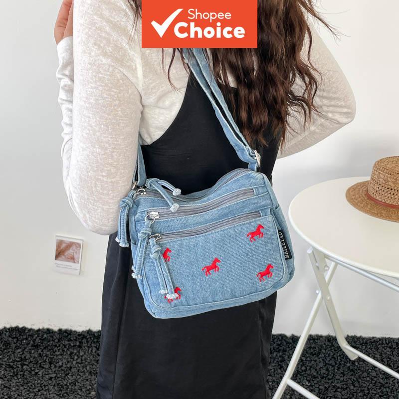Bolsa de ombro jeans simples, com vários compartimentos e grande capacidade, bolsa tiracolo de grande porte, bolsa de