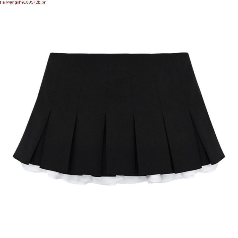Saia Mini Preta com Babados Mexzt Y2K para Mulheres, Saias Plissadas de Patchwork Coreanas, Cintura Alta Kawaii Japonesa