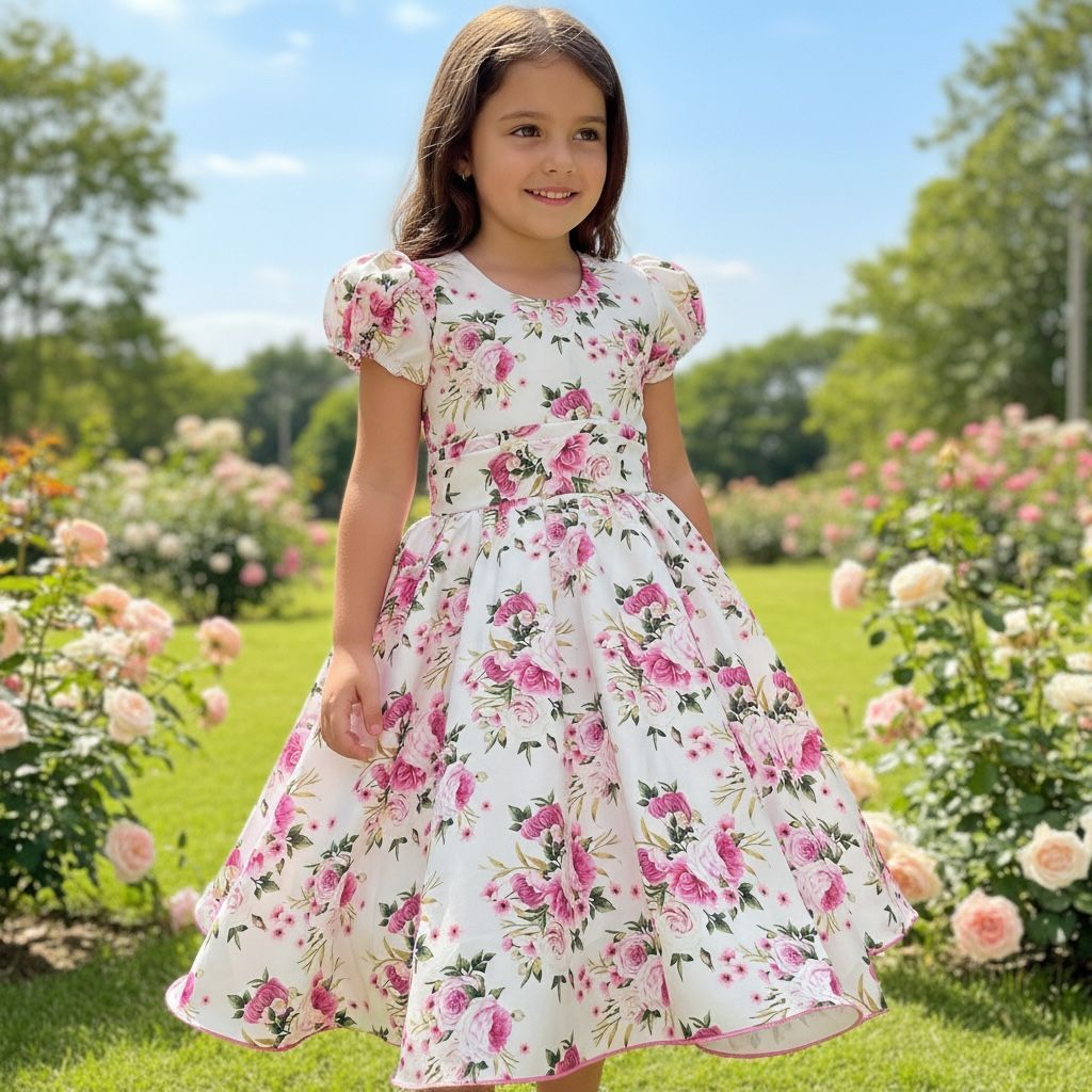 Vestido Infantil Creme Floral - Festas, Formatura, Aniversário, Batizado, Casamento