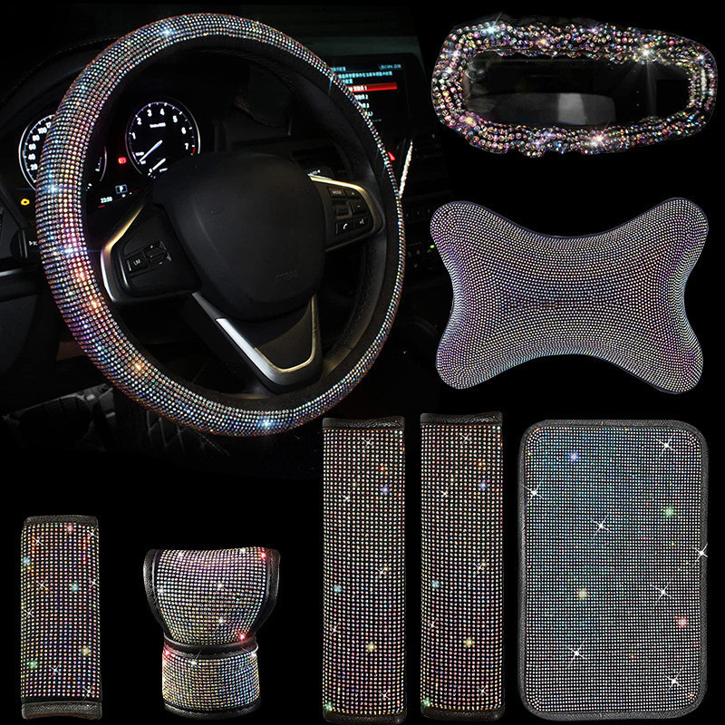 Capa de volante de carro estilo diamante Moda Hot Diamond Capa de espelho retrovisor Full Diamond Encosto de cabeça Capa