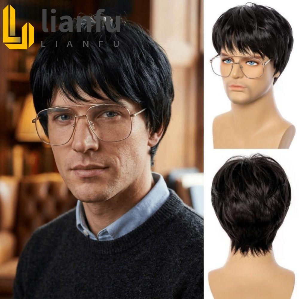 Peruca De Cabelo Curto E Reto LIANFU , Perucas Masculinas Sintéticas Fofas Pretas Marrons , Realista Em Camadas Com Fran