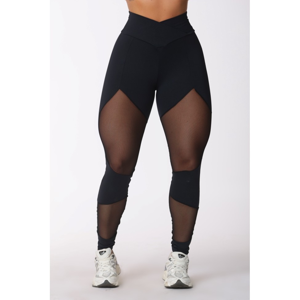 Calça Legging Fitness Com Recorte  De Tule