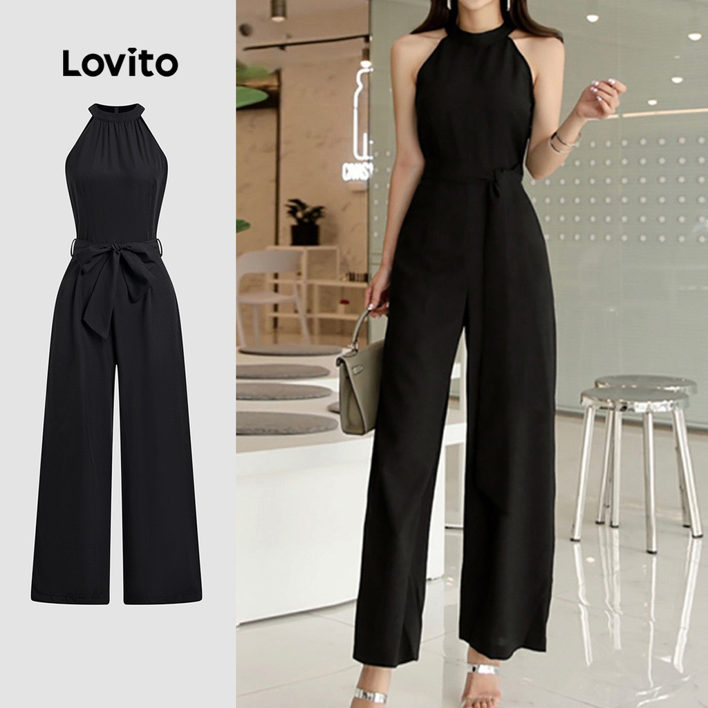 Lovito Macacão Casual com Cinto  Recortes  Primavera/verão  Preto  para mulheres L143ED031 em Oferta na Shopee