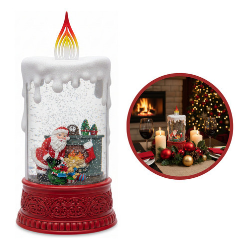 Luminária Vela Derretida Enfeite Led Musical Neve Natal Papai Noel- Lareira Vermelho