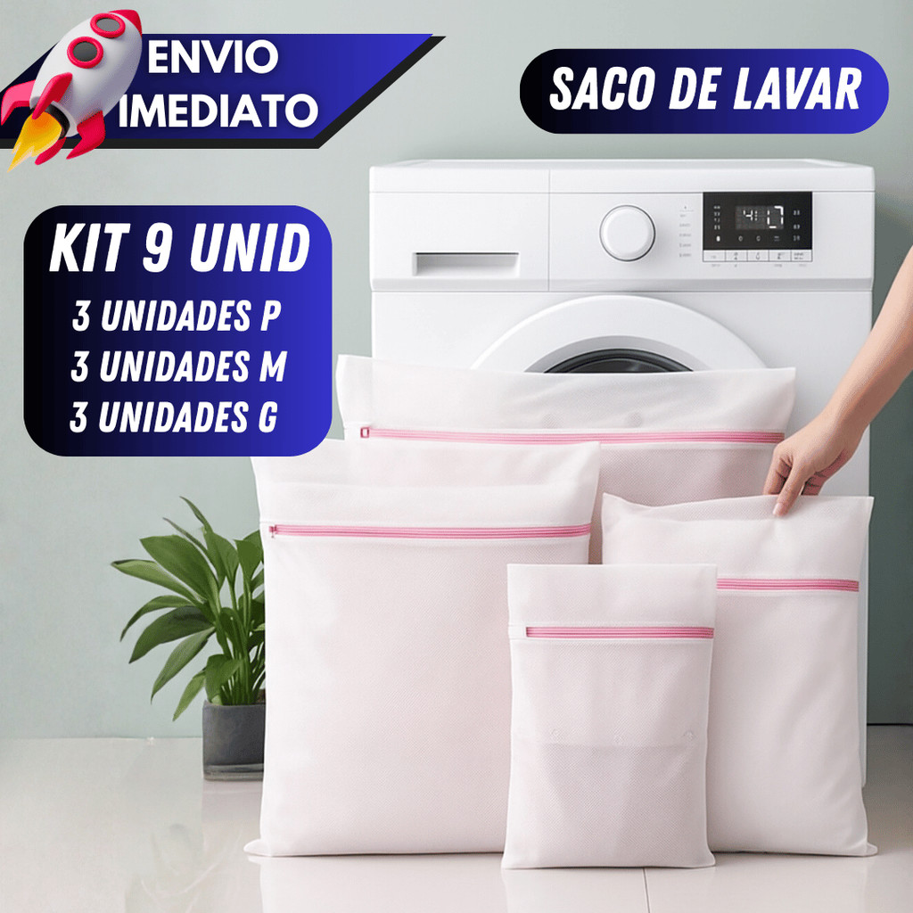 Kit 3/9 Sacos Lavar Roupa (3P 3M 3G) Protetor para peças delicadas e íntimas, evita desgaste e danos na máquina lavadora