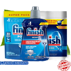 Kit Finish Detergente Tabletes 30un E Detergente Pó 1kg E Secante Abrilhantador 250ml Lava Louças
