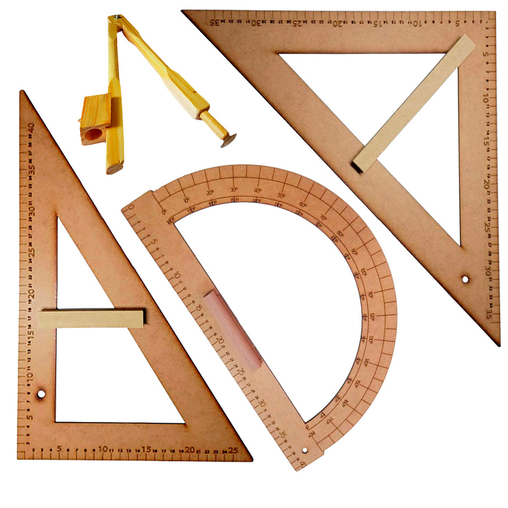 Kit Geométrico do Professor Mdf Com Esquadros 45° + 60° + Transferidor 180° + Compasso Para Quadro Branco Souza ou SB