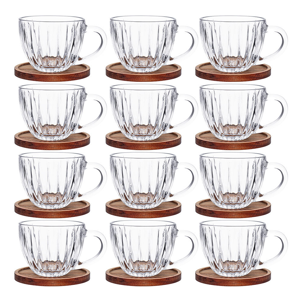 Jogo 12 Xícara de Chá Café Vidro Cristal com Pires de Madeira Acácia Montecarlo 180ml Haüskraft Premium