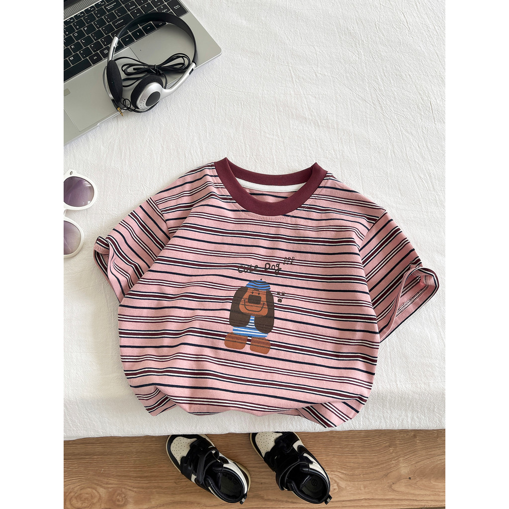 Meninos de manga curta camiseta verão crianças listrado fino topo dos desenhos animados bebê puro algodão meia manga men