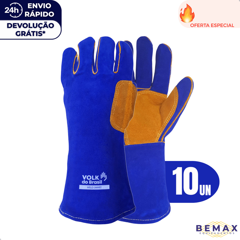 Kit 10 Luva De Solda Weld Smart Térmica Soldador Resistência Térmica Couro Raspa Reforçada Volk