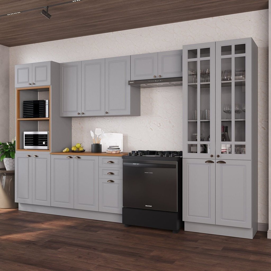 Cozinha Modulada 5 Peças Torre Quente Cristaleira Balcão com Tampo 2 Aéreos 100% MDF com Vidro Rodapé Bari