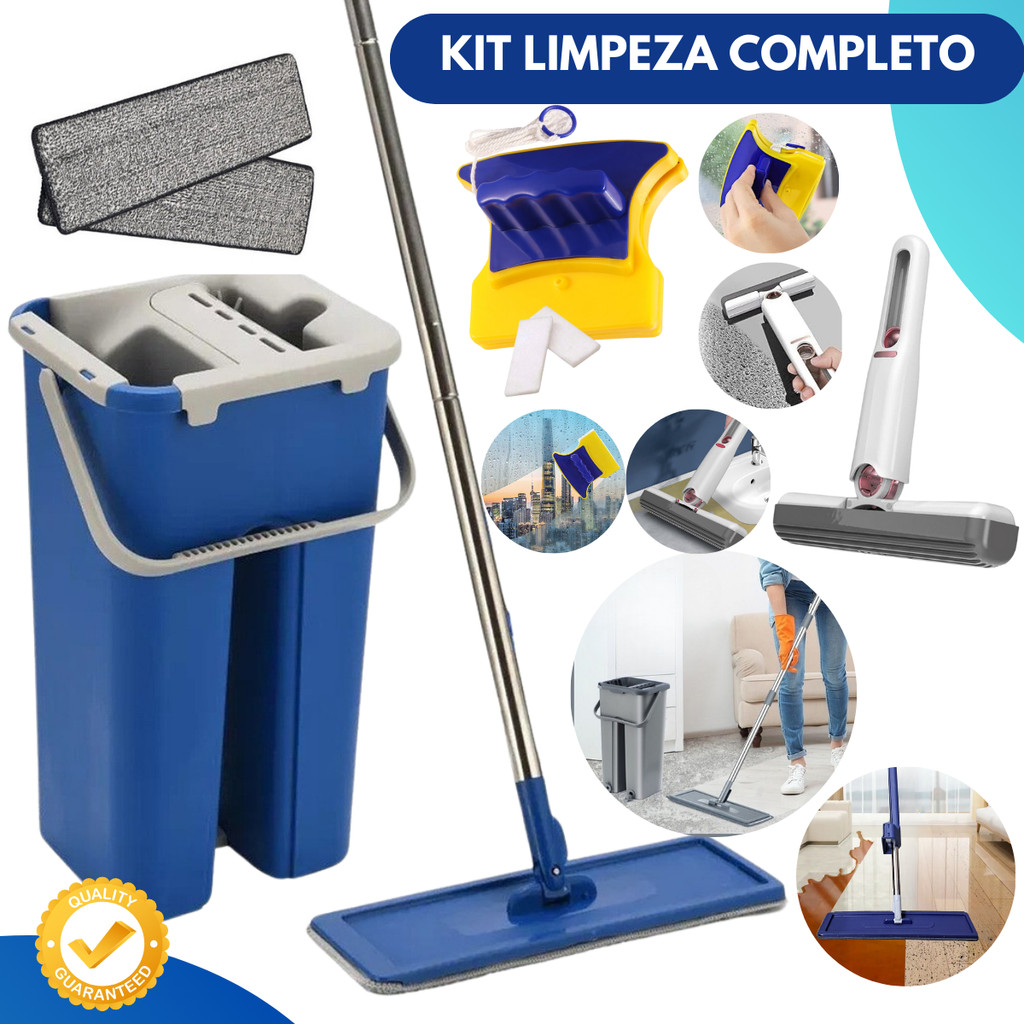 Esfregão MOP Flat Balde Lava Seca + Limpa Vidros Magnético + Mini MOP Multiuso KIT Faxina Completa