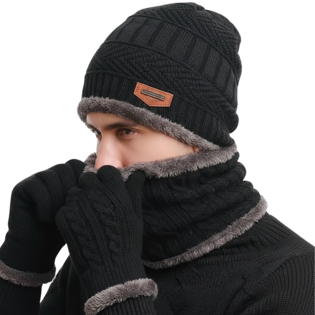 Kit Touca peluda + Luva Lã  Preta Para Feminina Masculino Kit Adulto perfeito para o Inverno
