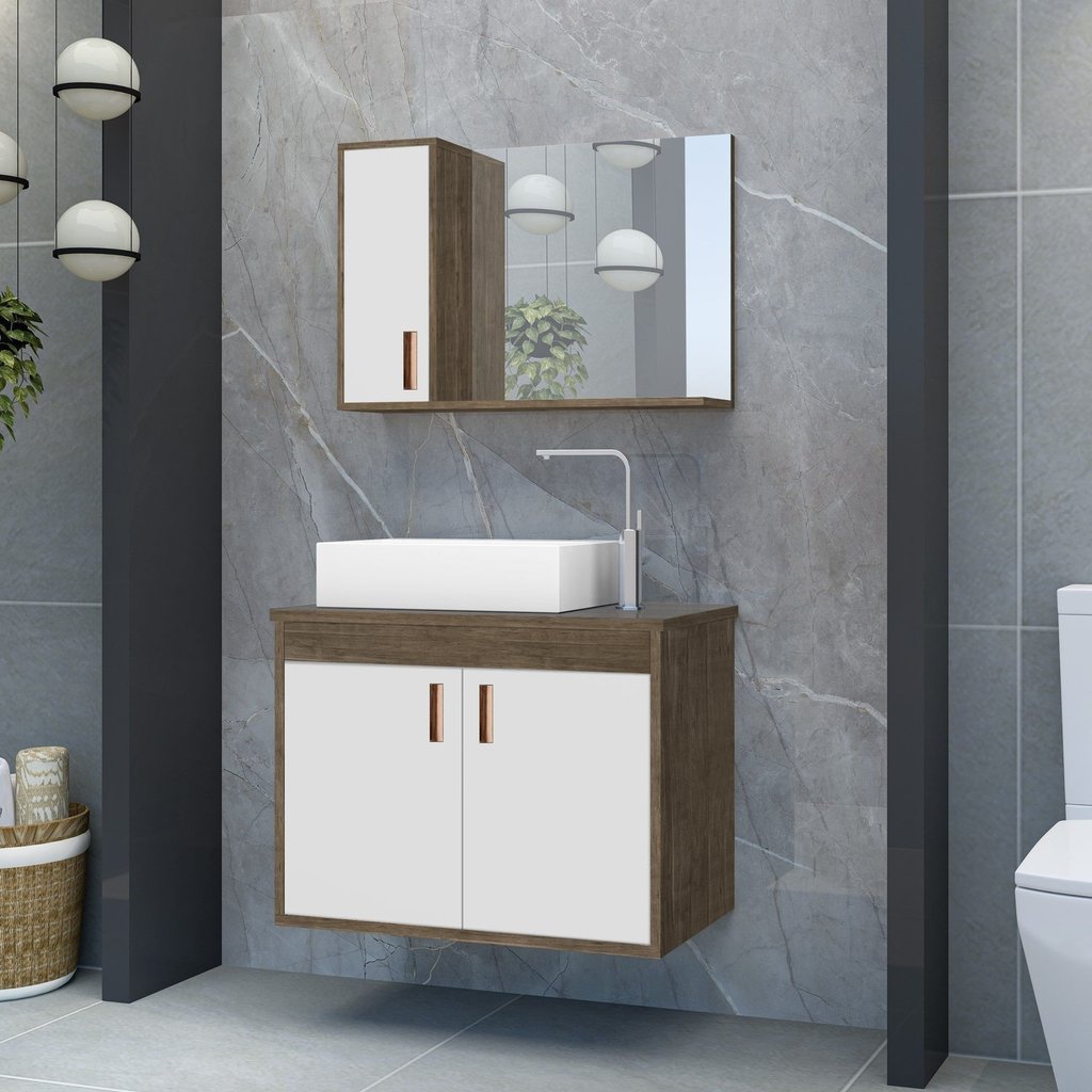Gabinete para Banheiro com Cuba de Sobrepor e Espelheira 60cm Clean Avelato/Branco