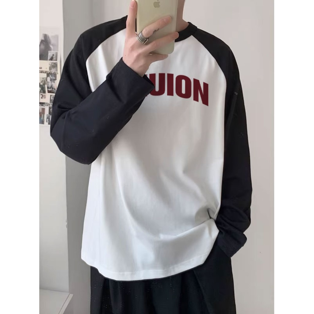 Estilo americano rua contraste cor Raglan ombro bonito puro algodão de manga comprida camiseta masculina primavera outon