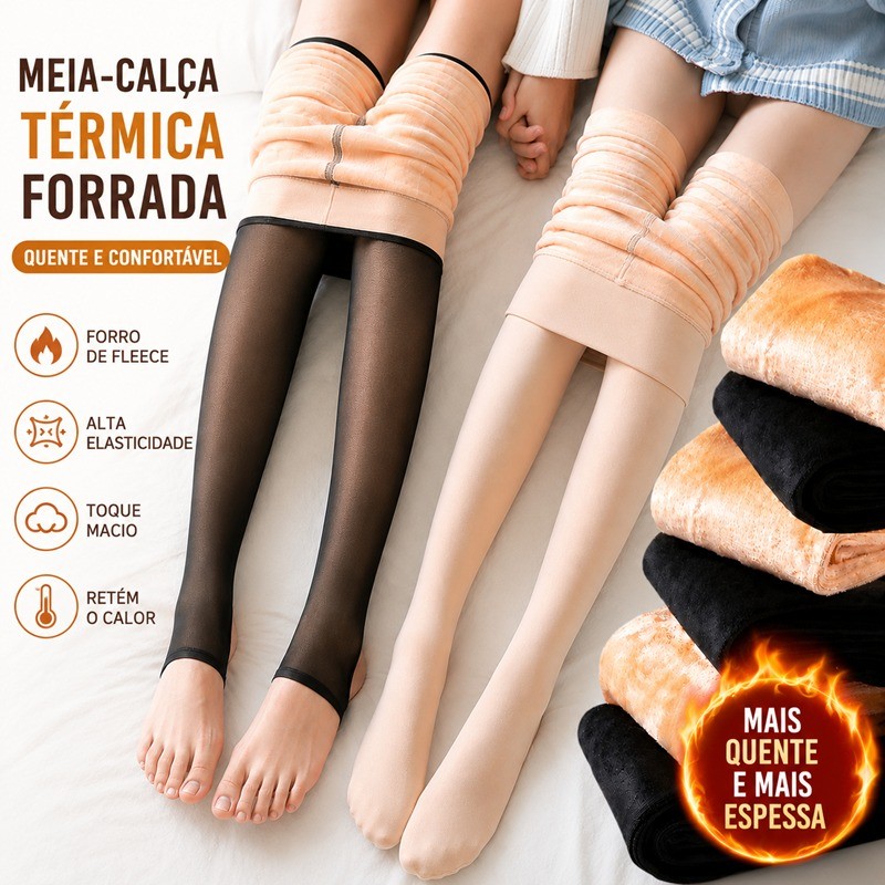 Meia-Calça Térmica Feminina Peluciada Grossa Inverno Quente Cintura Alta Confortável Nude Preto Sexy Elegante