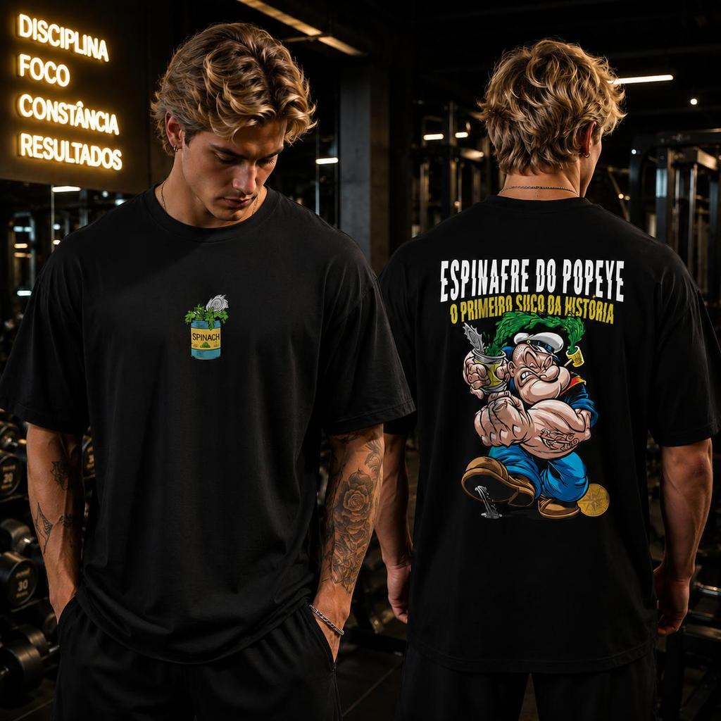 Camiseta Oversized Academia Espinafre Popeye para Treino Musculação Streetwear 100% Algodão