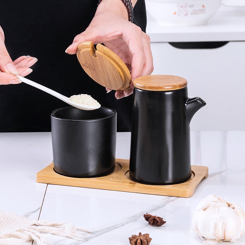 Conjunto de potes de cerâmica para temperos, pote de sal para cozinha, frasco de molho de soja, pote de vinagre para pim