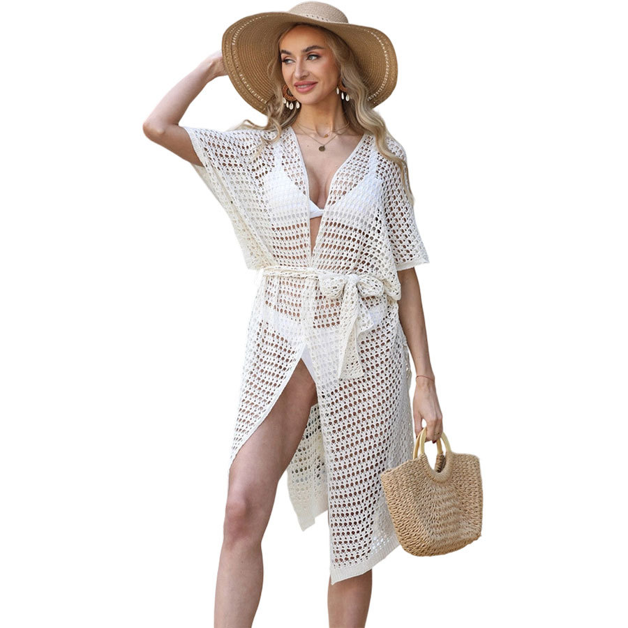 Malha Oco Para Fora Cardigan Quimono Beach Wear Vestido Mulheres Verão Maiô Cobrir Ups Casaco Midi Com Bandagem Solta