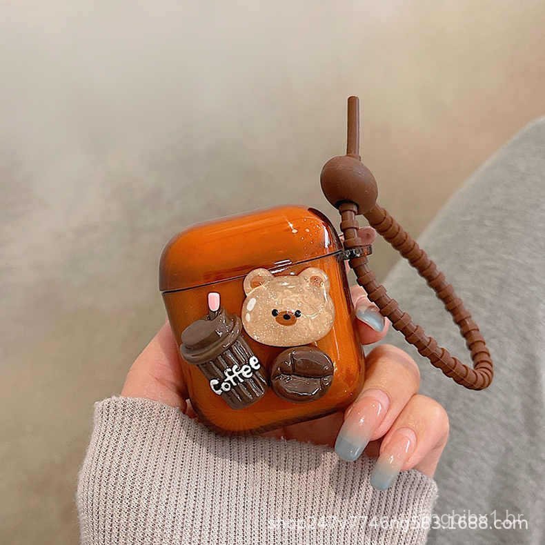 Capa protetora tridimensional para AirPods Pro em formato de urso cor de caramelo com corrente, para fones de ouvido Blu