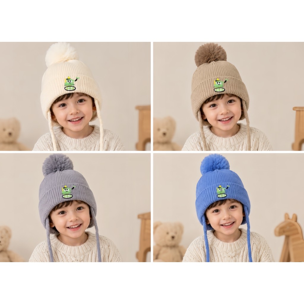 Gorro de Tricô Infantil com Protetor de Orelha e Pompom – Touca de Lã Térmica desenho fofo