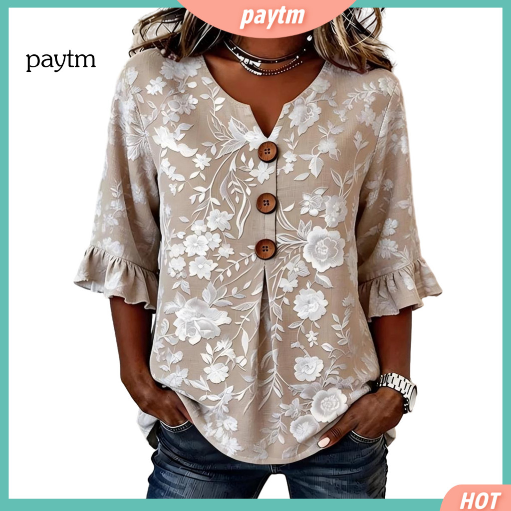 Women Clothing Regular Fit Tops Women’s V-neck T-shirt Summer Tee Half Sleeve Floral 3d Digital Print Pullover Top Wea