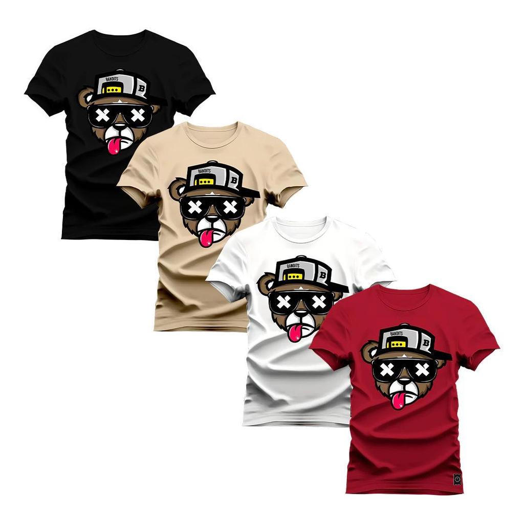 Kit 4 Camisetas Masculina Camisa Urso Boné Bolado Promoção