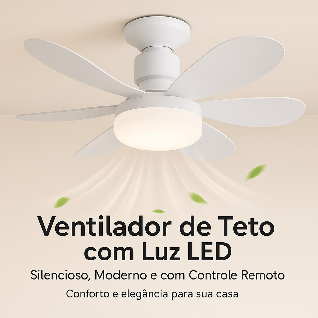 Ventilador de Teto com Lâmpada LED80w  42CM, Super Silencioso, 6 Hélices, Bivolt